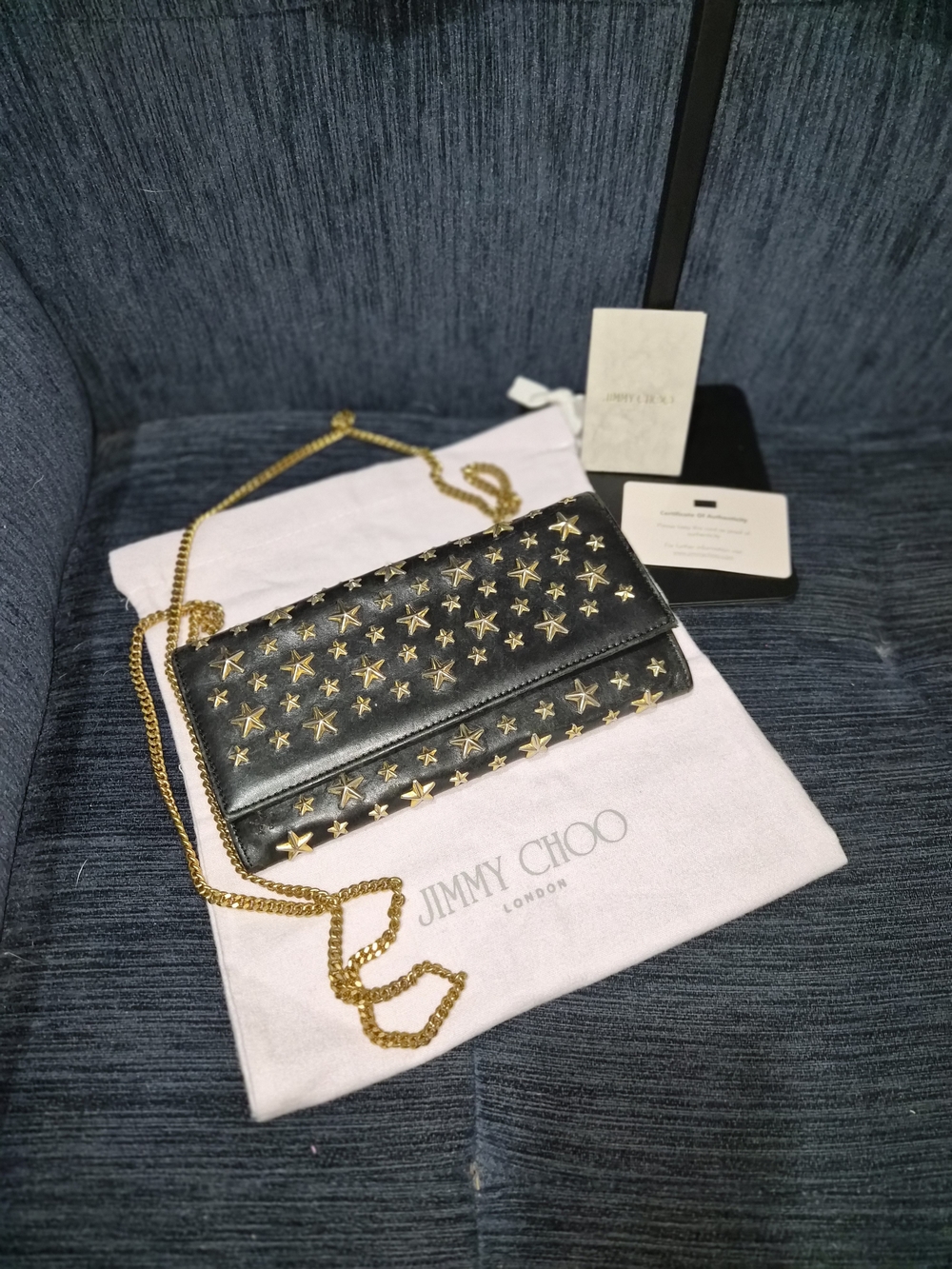 Authentic Jimmy Choo Leather Wallet On Chain Black Gold Star Studded WOC Papers